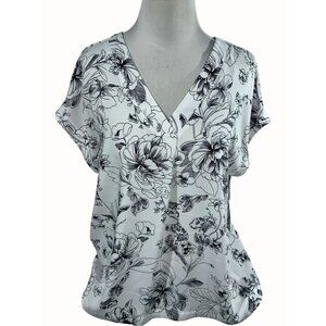 Liz Claiborne White Black Floral Print V-Neck Blouse Medium Short Sleeve NEW